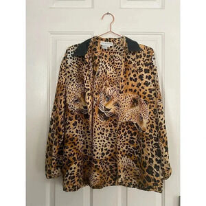 Bloomingdale's vintage silk animal print blouse leather collar Size 12